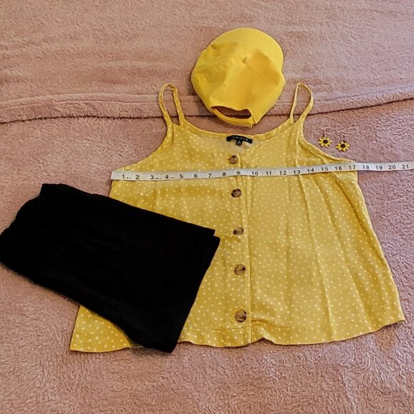 Kirious yellow with white polka dots button spaghetti strap tank top. S - Picture 2 of 4
